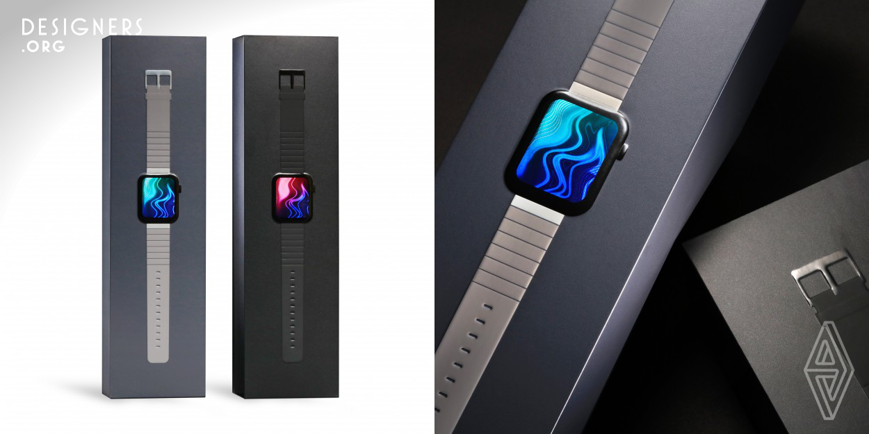 The packaging design of Mi Watch stands out its characteristics of high technology. The 3D hologram is adopted to present a three-dimensional effect on the packaging. With different viewing angles, the flow of water ripples appears which reflects that time is like water flowing away quickly. The box employs embossed printing skills and the special printing ink that make the box feels as real as the product itself. As the watch is not sunken into the pulp tray but raising from the surface, it seems the watch is floating on the box.
