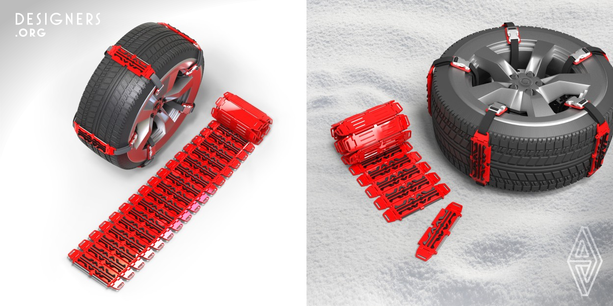 The multifunctional snow chain has both rescue and anti-slip functions. Snow chains are mainly used on icy roads in winter. A single snow chain is tied to car tires with straps so that the car can drive safely in ice and snow. The escape plate is mainly used in harsh outdoor rescue such as deserts or swamps. In a crisis, a single snow chain module can be combined into an escape plate for use. The stowage plate can be rolled up during storage, which solves the problem that the existing stray plate storage takes up a lot of space in the car.