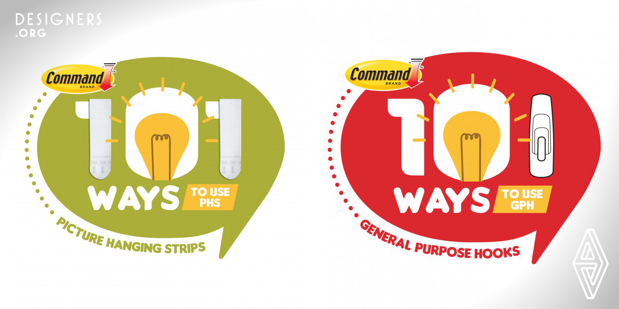 A fun and quirky approach to Command's personality where the ideas of using Command products are highlighted in various ways. In the execution, the idea of a speech bubble, together with 101 ways to use Command products is conceptualised. To design a series of logo, the entire range of products has to be depicted in each logo for example Picture Hanging Strips, General Purpose Hooks, Bathroom Range. To make the entire logo look relevant, the USP like the icon of Strips, Hooks and Caddy is used to illustrate their distinct product design.