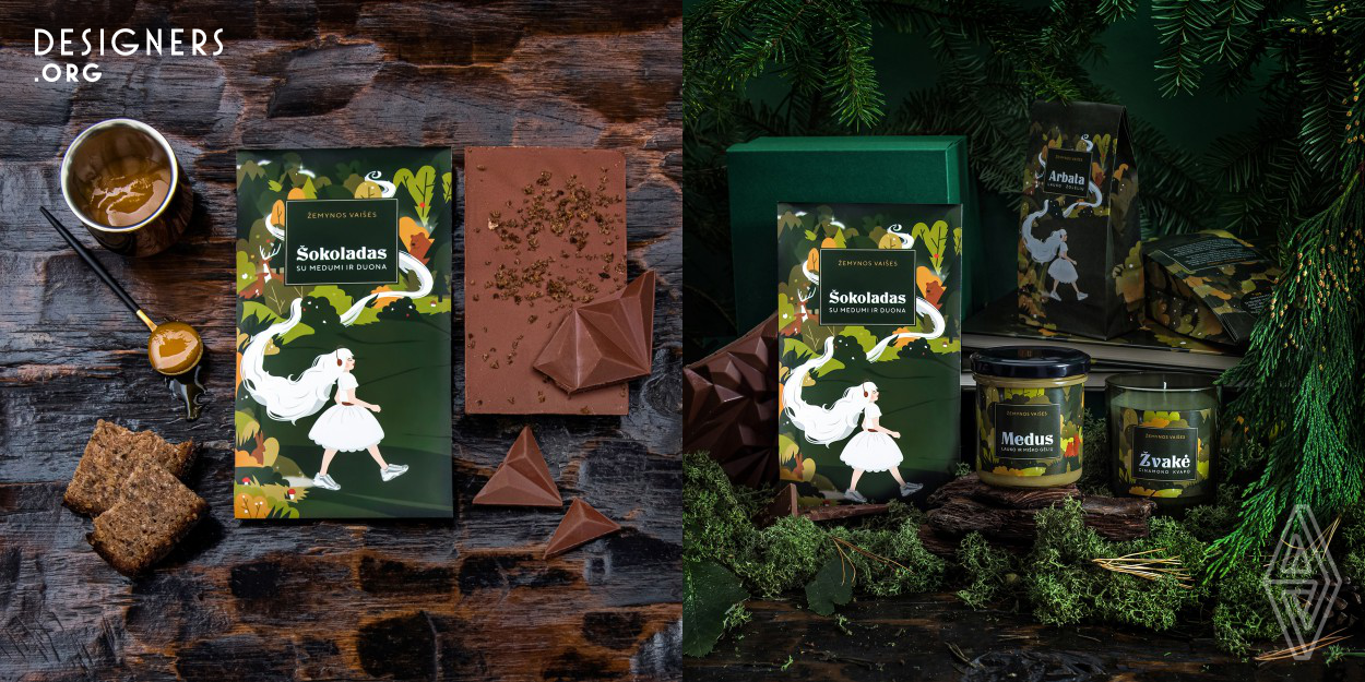 The holiday gift set includes chocolate, tea, honey, candle, all timeless treats. This product line offers a way to show your client your honest appreciation. The packaging is inspired by Zemyna, the Lithuanian earth goddess. The earth goddess is represented as a Christmas fairy who passes through uncovered fields, magically ripening fruit and inspiring life. She is also a symbol of timeless tradition, but now, she is updated, modern, cool and hip, wearing sneakers and headphones, representing the newest generation that respects the past, but is the future.