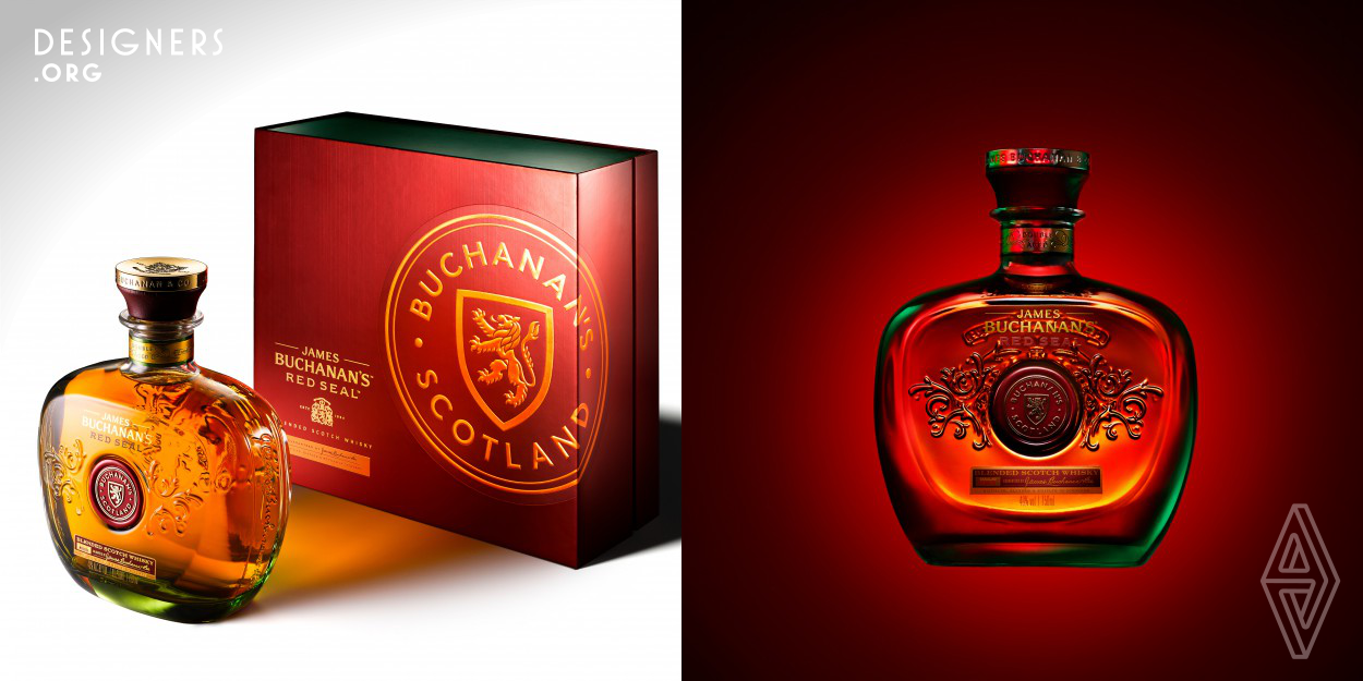 forceMAJEURE Design was asked to create a new design for Buchanan’s Red Seal through the redesign of a new bottle structure, package design and gift box, highlighting its luxury and quality. Based on the ideals of sharing and generosity that Buchanan’s is known for, FM crafted an elegant bottle shape with soft curves allowing the iconic Red Seal to shine. Visible through the front of the bottle is the Buchanan’s crest, proudly embossed at the back of the glass and beautifully framing the seal. The bottle is presented in an elegant, deep red gift box.