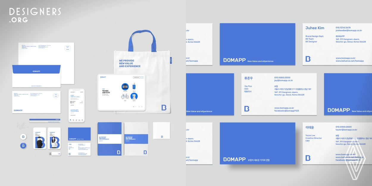 Bomapp brand name is a combination of “boheom (insurance in the Korean language) and “MAP”. Symbol, motif graphics, and overall design convey the image of "embrace", further strengthening the brand's identity. Bomapp’s logotype includes the letter “B”, which is meticulously designed to reflect the golden ratio. Designers used mathematically accurate designs to convey the image of trust and professionalism, which are the core value of the insurance industry. Also, the initial letter symbol “B” implicitly carries the brand’s essence.