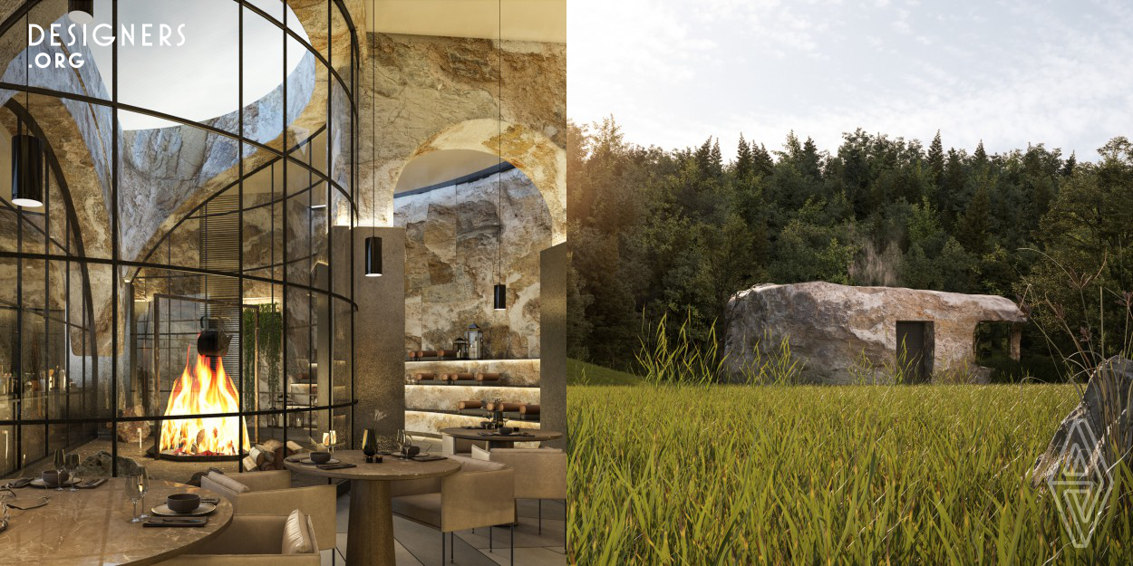 TER is a restaurant concept that was developed following the Art Sella forest calamity in Malga Costa, Italy. The calamity brought forth the question - What does a "stable" space feel like? Physiologically and physically. How can a space be brought back to life after experiencing a calamity? The restaurant blends into its surroundings by acting as another rock in the landscape. It is differentiated by the smoke arising from its center, which creates a sense of allure and intrigue. It’s a sight that draws people in toward the center – reestablishing the core essence of Art Sella.