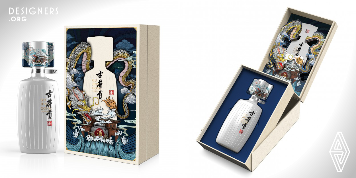 The cultural stories handed down by the people are presented on the packaging, and the patterns of dragon drinking are meticulously drawn. The dragon is respected in China and symbolizes auspiciousness. In the illustration, the Dragon comes out to drink. Because it is attracted by wine, it hovers around the wine bottle, adding traditional elements such as Xiangyun, palace, mountain and river, which confirms the legend of Gujing tribute wine. After opening the box, there will be a layer of card paper with illustrations to make the box have the overall display effect after opening.