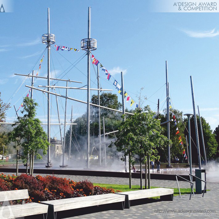 Multifunctional Fountain Outdoor Design by Fountain &quot;Frigate Wallfisch&quot; and outdoor design of Lielais Square David Cook